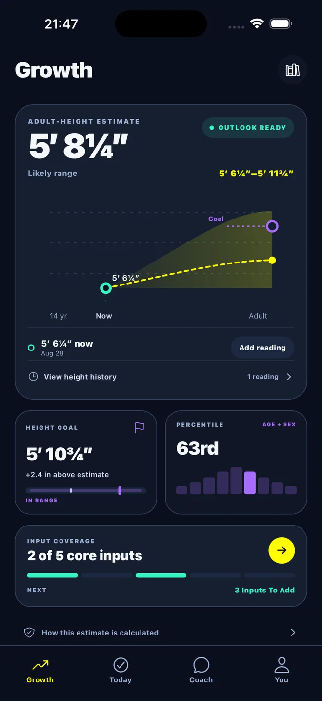 GetTall growth screen showing a sample adult-height estimate, likely range, goal and measurement history