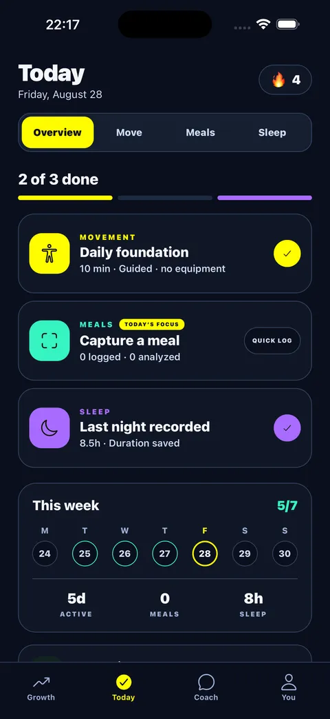 GetTall daily plan with movement, meals and sleep check-ins