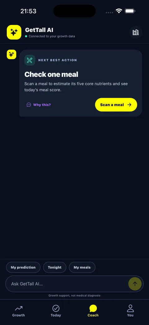 GetTall AI Coach connected to saved growth data